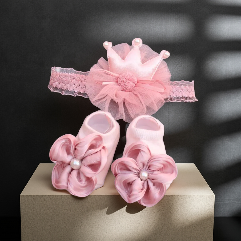 2 Pcs/Set Baby Headband with Crown & Socks with Lace Bow. 0-1Y 3 colours
