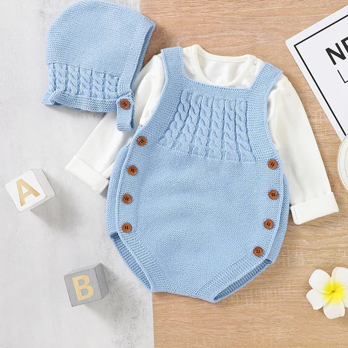 Baby Bodysuits Clothes Spring Autumn Sleeveless Knitting Newborn Boys Girls Solid Onesie Hats Sets 2Pcs Infant Coveralls Outfits