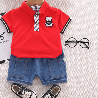 Summer Baby Boys Clothing Sets Korean Style Outfit for Kids Cartoon Short Sleeve Tops+ Denim Shorts Baby Boy Clothes Tracksuits