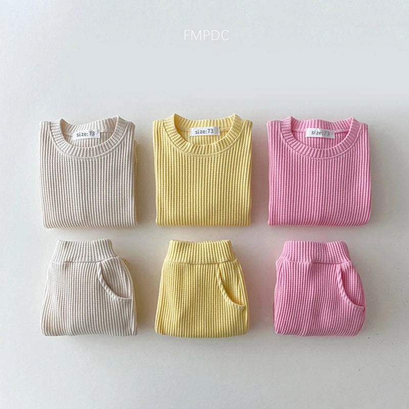 2023 Korea Toddler Baby Clothing Sets for Infant Baby Boys Clothes Set Mock Two-Piece Waffle Cotton Sweatshirt+Pants 2Pcs Outfit