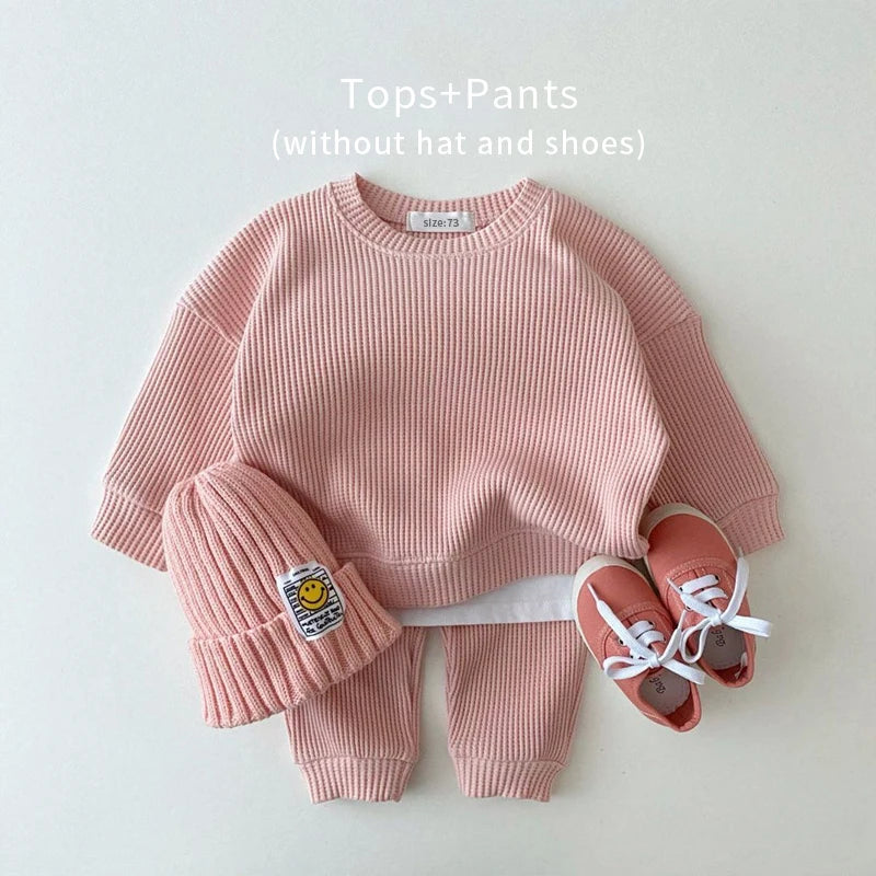 2023 Korea Toddler Baby Clothing Sets for Infant Baby Boys Clothes Set Mock Two-Piece Waffle Cotton Sweatshirt+Pants 2Pcs Outfit