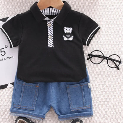 Summer Baby Boys Clothing Sets Korean Style Outfit for Kids Cartoon Short Sleeve Tops+ Denim Shorts Baby Boy Clothes Tracksuits