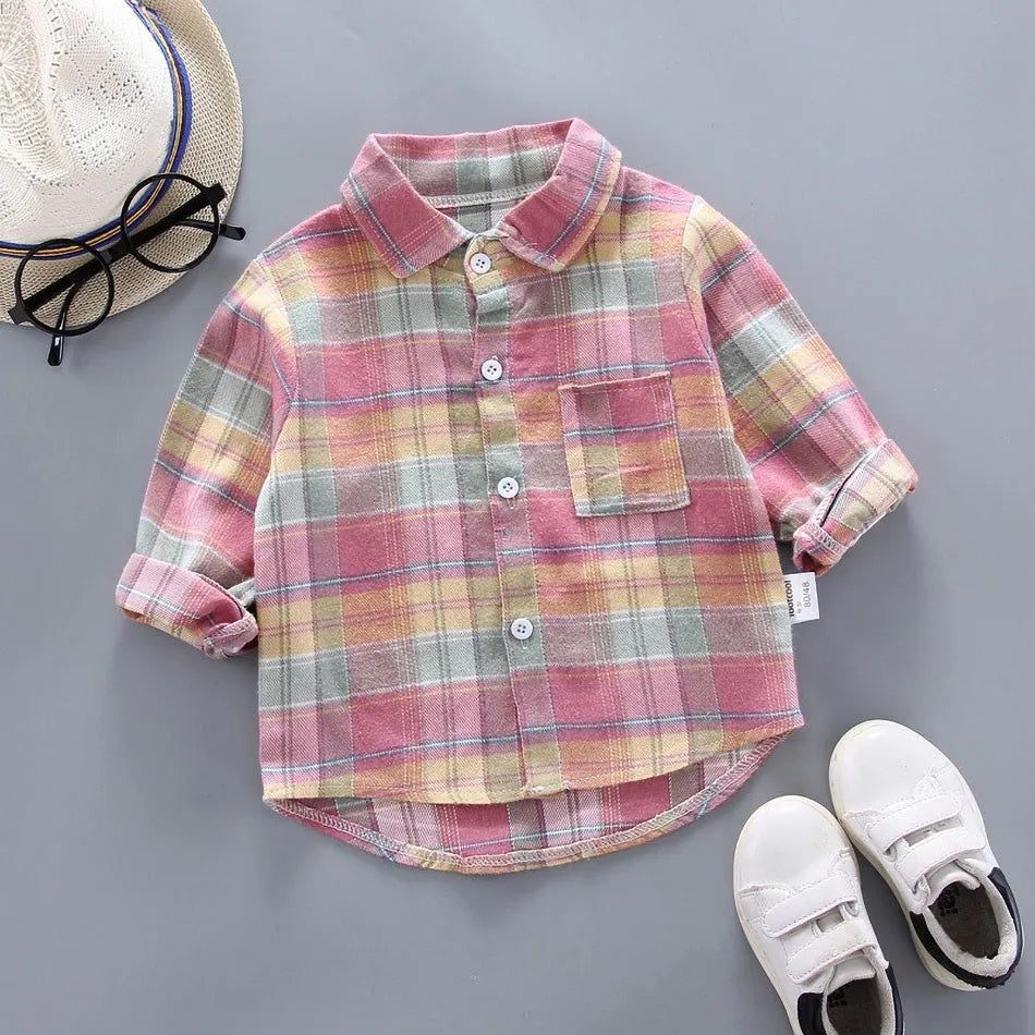 2024 Korean Fashion Children Tops Boys Buffalo Plaid Flannel Shirt Baby Casual Shirt Outerwear Clothes Autumn Girls Blouses 0-5T