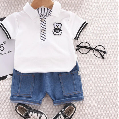 Summer Baby Boys Clothing Sets Korean Style Outfit for Kids Cartoon Short Sleeve Tops+ Denim Shorts Baby Boy Clothes Tracksuits