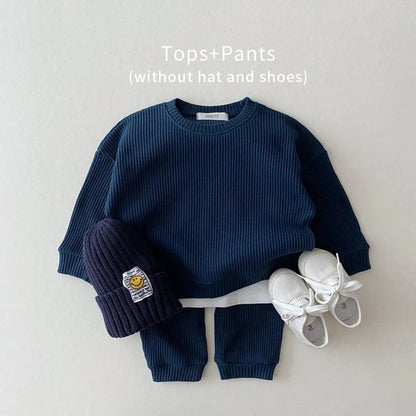2023 Korea Toddler Baby Clothing Sets for Infant Baby Boys Clothes Set Mock Two-Piece Waffle Cotton Sweatshirt+Pants 2Pcs Outfit