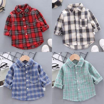 2024 Korean Fashion Children Tops Boys Buffalo Plaid Flannel Shirt Baby Casual Shirt Outerwear Clothes Autumn Girls Blouses 0-5T