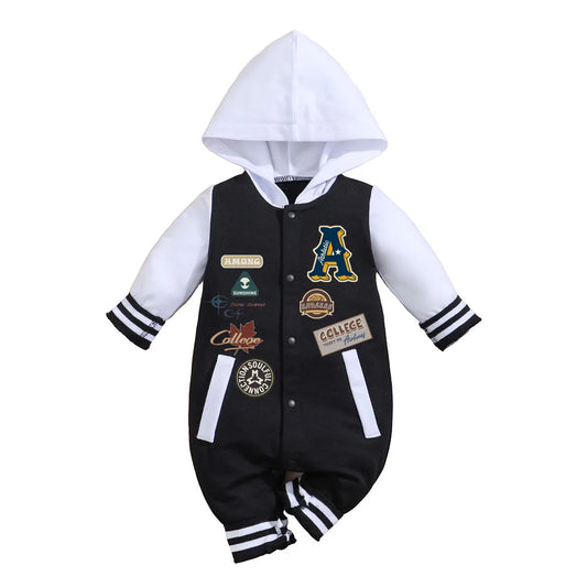 Baby Boys Girls Romper Hooded Baseball Long Sleeve Infant Onesie Beach Outfits Newborn Sweatshirt Clothes Jumpsuit 0-18M
