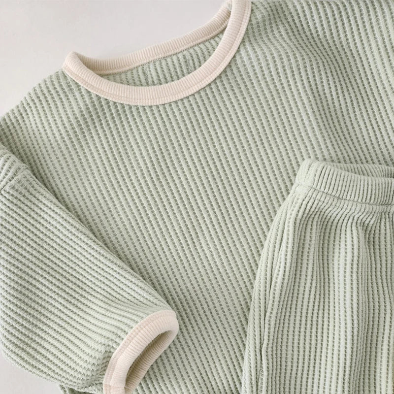 Korean Style Children Clothes Suit Waffle Pullover+Pants Baby Boys Girls Clothing Set Spring Autumn Kids Clothes Suit