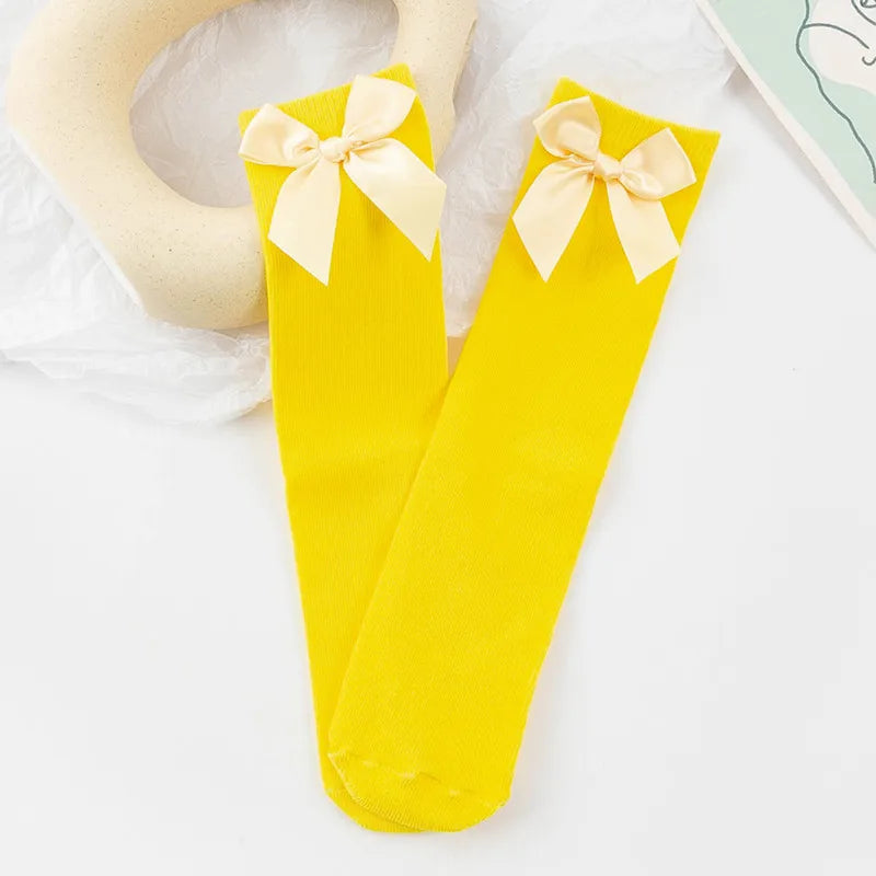 Baby Girls Socks Stockings Solid Color Bowknot Anti-Slip Cute Wild Cotton Long Stockings Toddler Girls Knee High Socks 0-5 Years