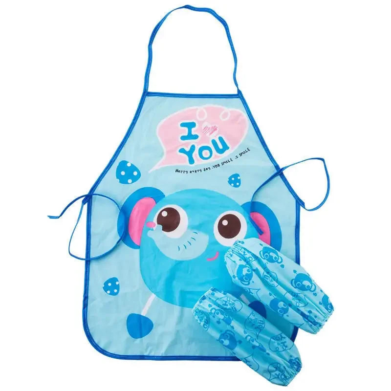 Cute Cartoon Children Apron Sleeves Chef Hat Pocket Set Kid Craft Art Kitchen Cooking Chef Suit Drink Food Baking Apron for 3-8Y