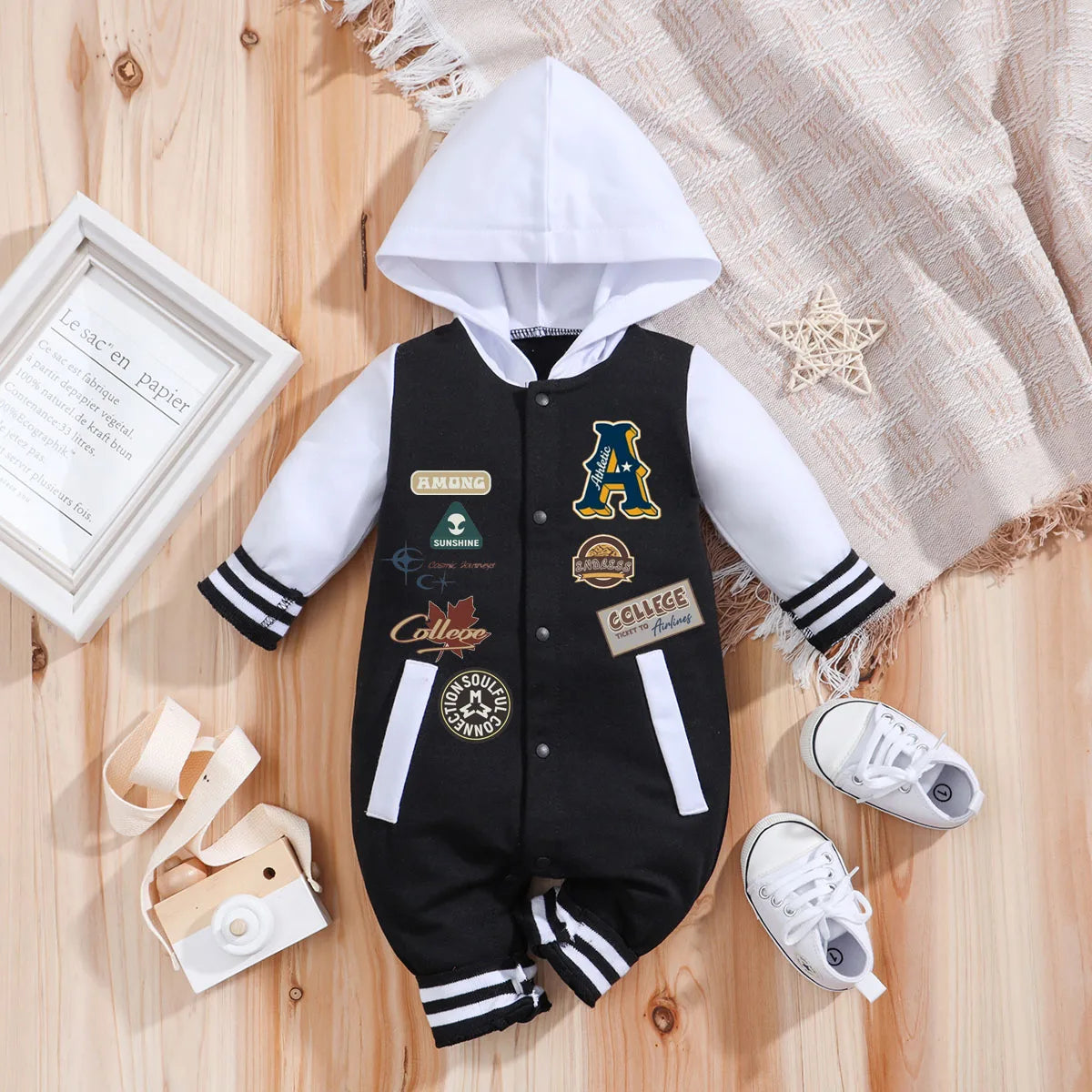 Baby Boys Girls Romper Hooded Baseball Long Sleeve Infant Onesie Beach Outfits Newborn Sweatshirt Clothes Jumpsuit 0-18M