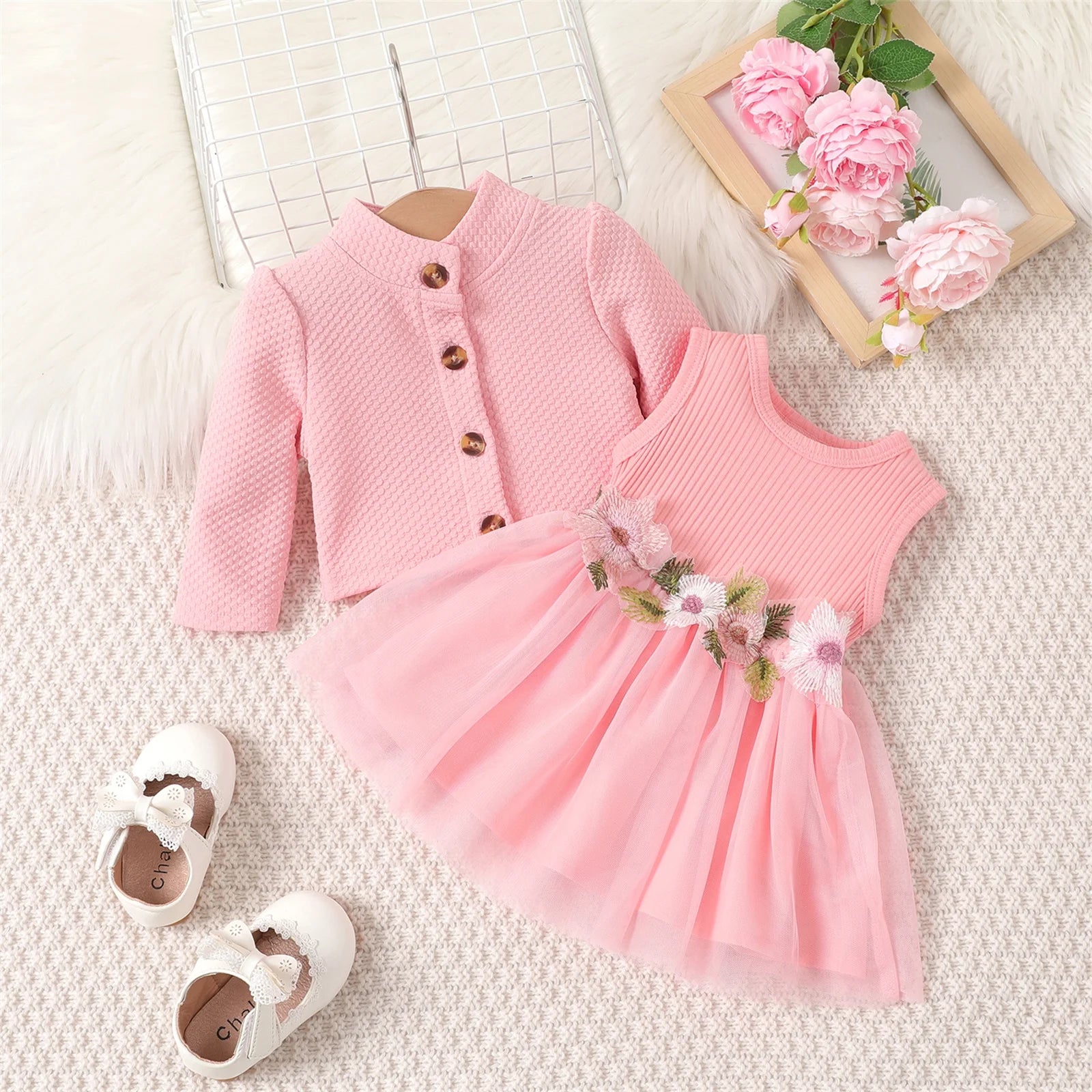 Baby Girl Dresses Long Sleeve Jacket and Floral Decor Mesh Panel Tank Dress Set, 6-9 Months