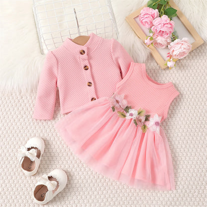 Baby Girl Dresses Long Sleeve Jacket and Floral Decor Mesh Panel Tank Dress Set, 6-9 Months