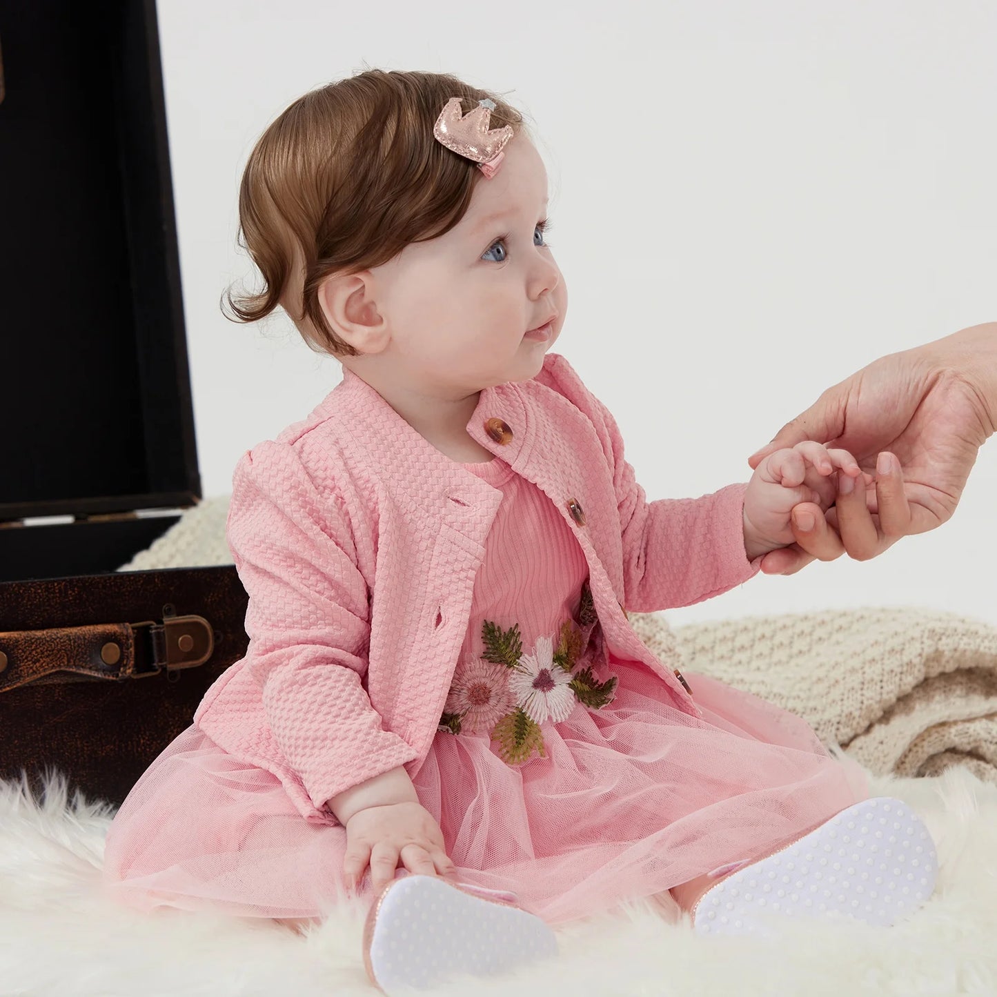 Baby Girl Dresses Long Sleeve Jacket and Floral Decor Mesh Panel Tank Dress Set, 6-9 Months