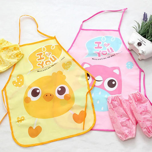 Cute Cartoon Children Apron Sleeves Chef Hat Pocket Set Kid Craft Art Kitchen Cooking Chef Suit Drink Food Baking Apron for 3-8Y