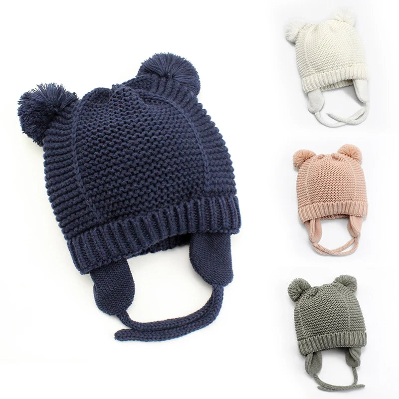 Winter Thicken Warm Baby Hat Cute Pompom Newborn Baby Girl Boy Hats Bonnet Ear Warm Knitted Kids Cap Beanie Toddler Caps